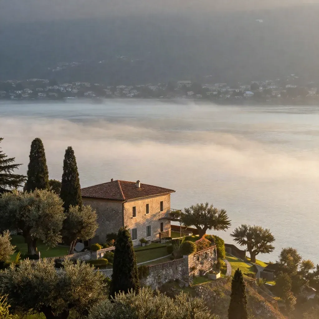 Veduta del Lago di Como all’alba con villa, cipressi e nebbia sul lago.