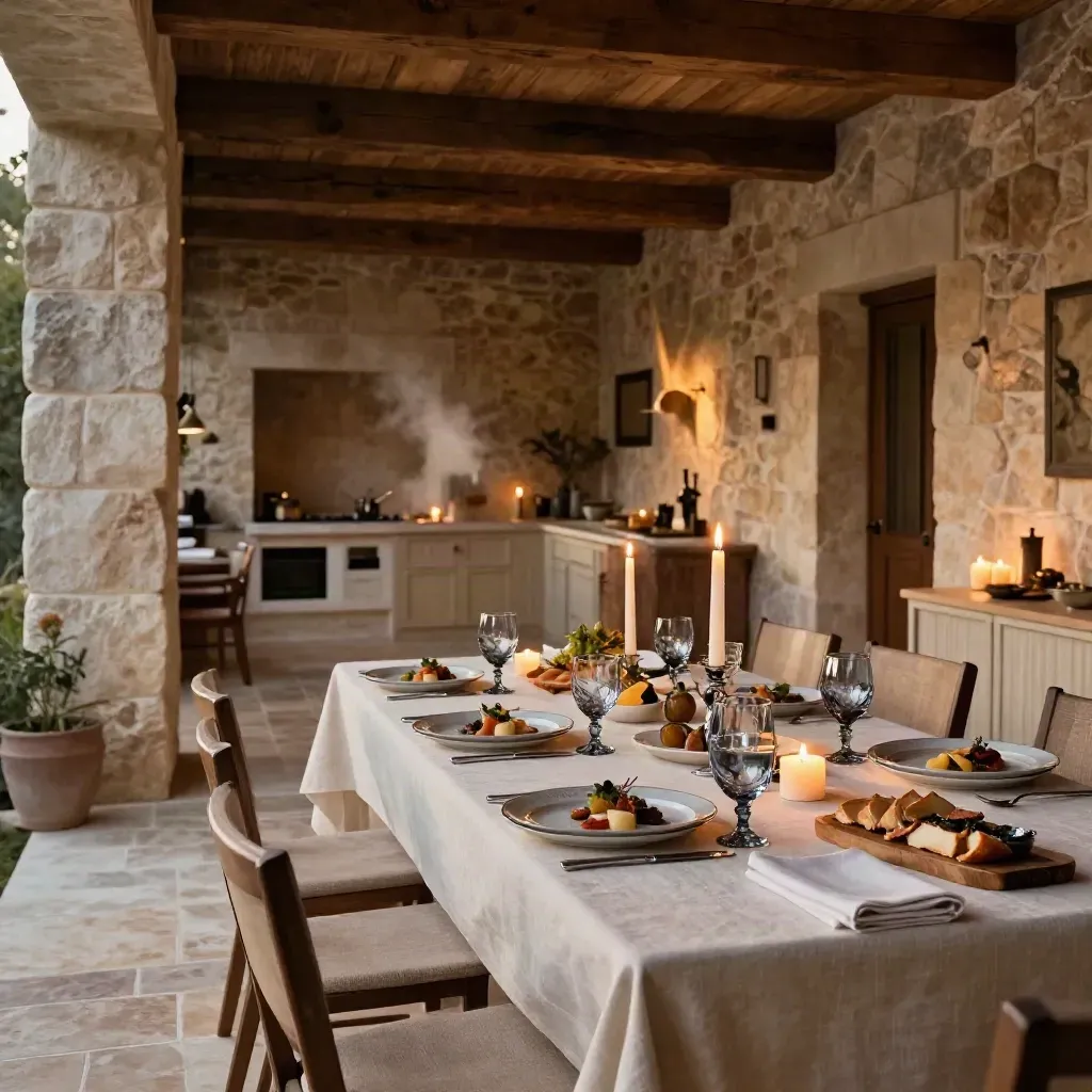Tavola privata in villa in pietra con antipasti, candele e calici pronti per l’arrivo.