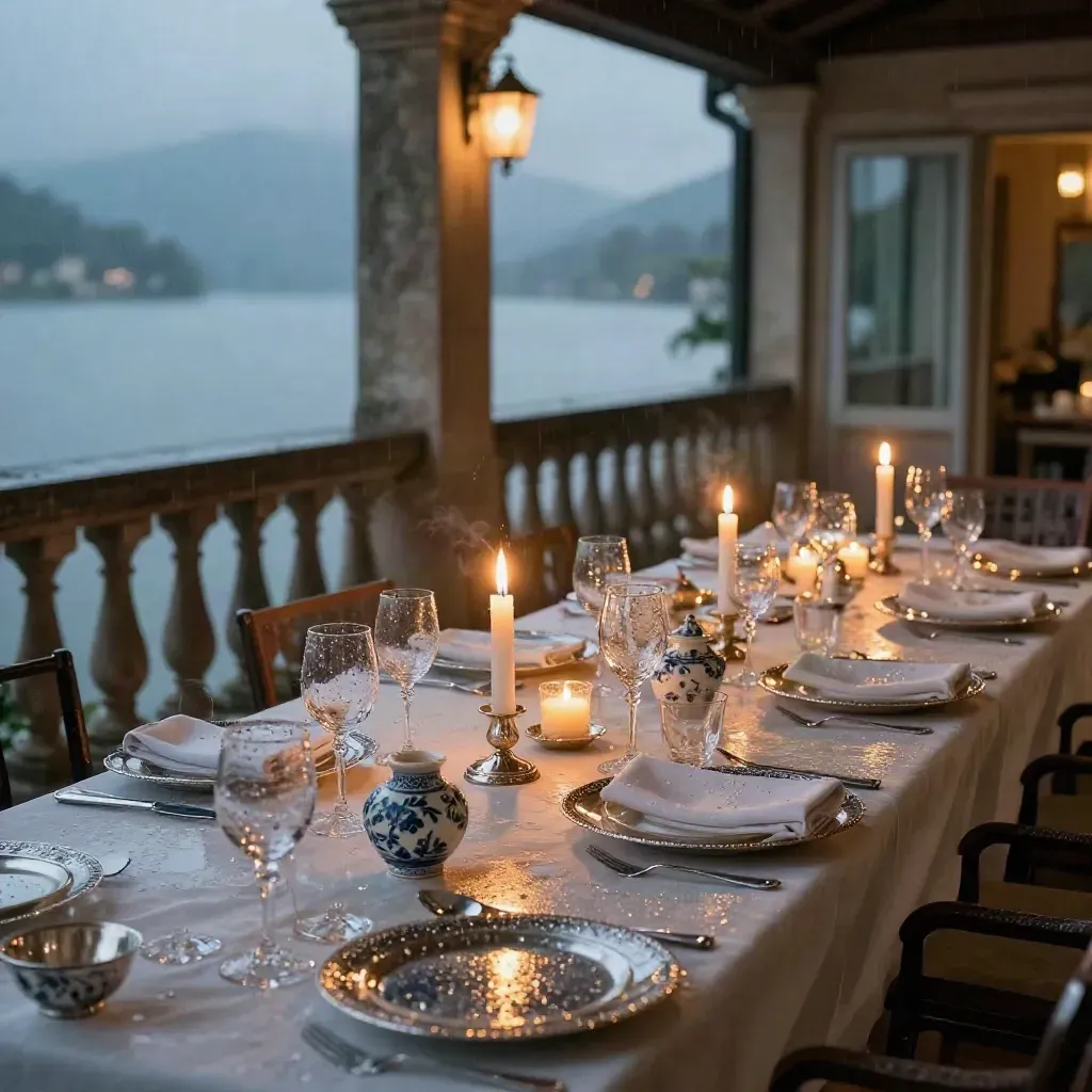 Terrazza di villa sul lago con tavola di degustazione illuminata da candele e riflessi di pioggia.