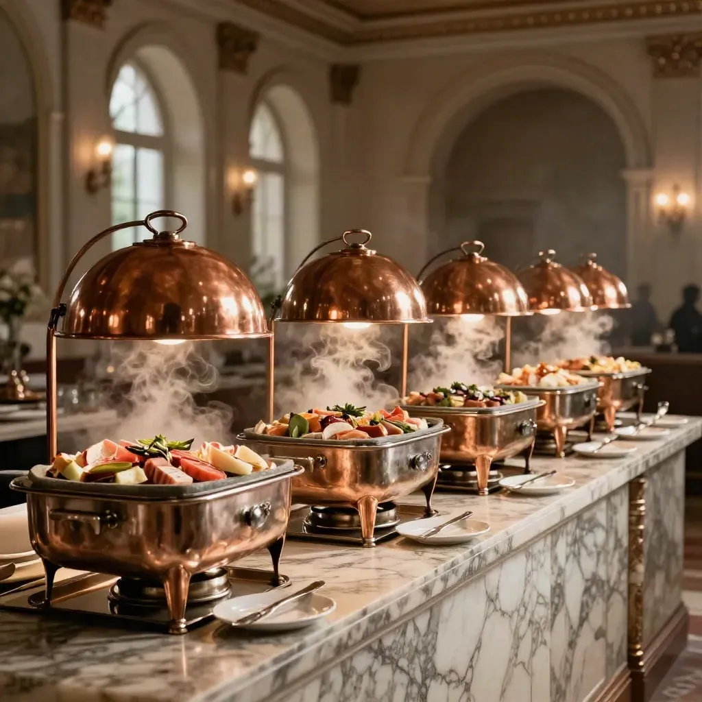 Buffet di catering di lusso in una sala da ballo, con rame, marmo e vassoi refrigerati.