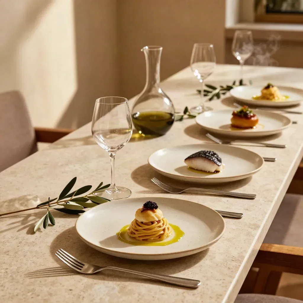 Sequenza di piatti degustazione con decanter, calici e rami d’ulivo su tavolo in travertino.
