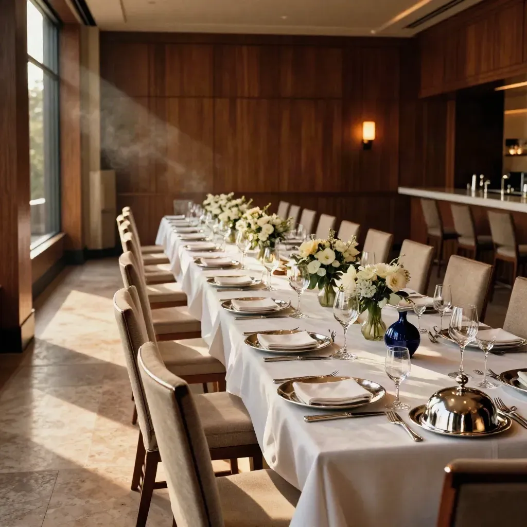 Sala pranzo elegante con tavola apparecchiata, cloche e bicchieri, luce calda del pomeriggio.