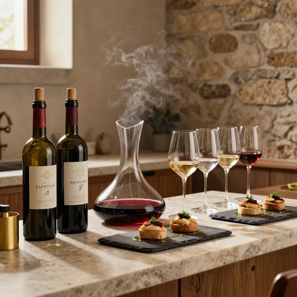 Bottiglie italiane, decanter e calici con assaggi su ledge in pietra, luce calda.
