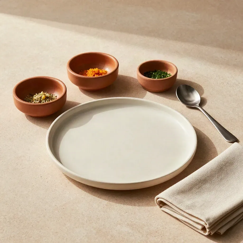 Vista dall'alto di una mise en place su pietra con piatti in ceramica e ciotole di ingredienti.