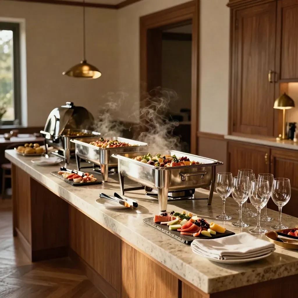 Buffet aziendale in villa moderna, vassoi caldi, antipasti freddi e luce dorata.