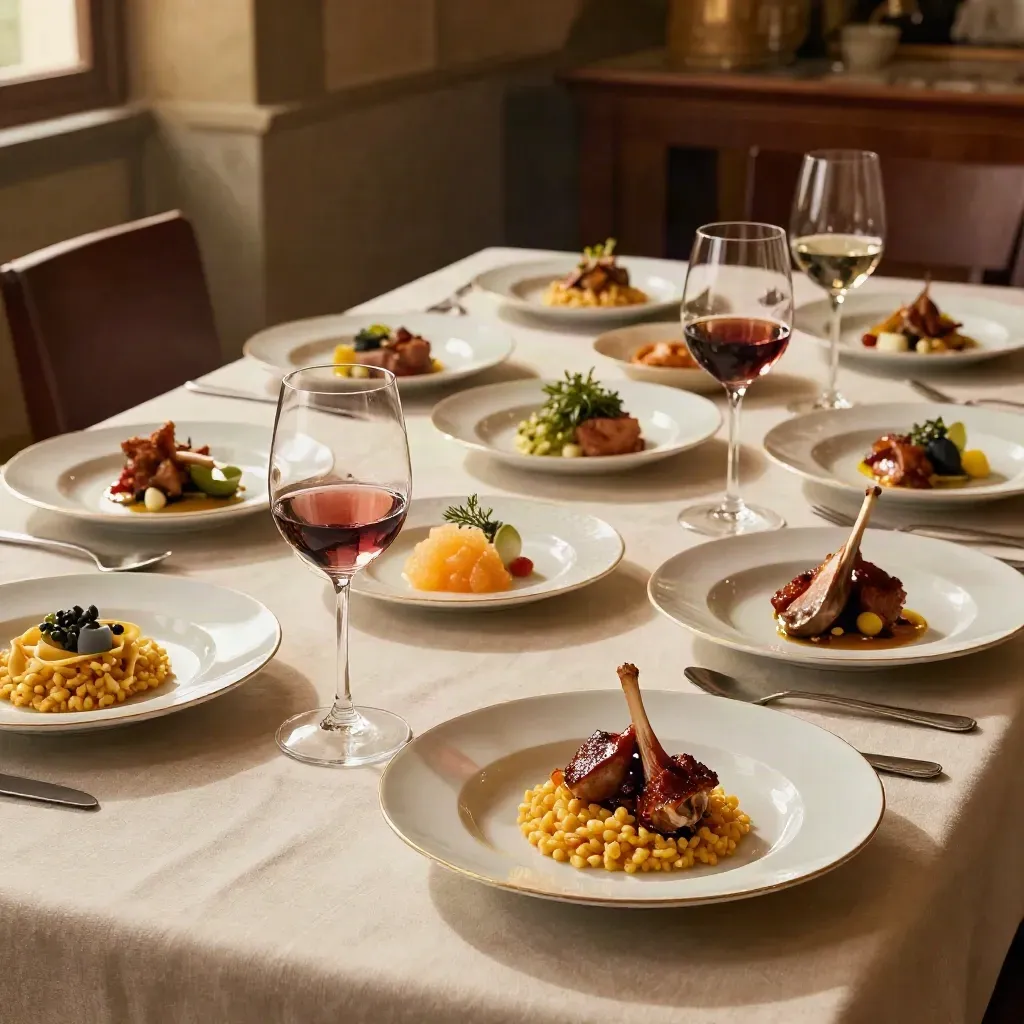 Tavolo degustazione fiorentino con sette piatti, vini toscani, lino avorio e riflessi salvia.