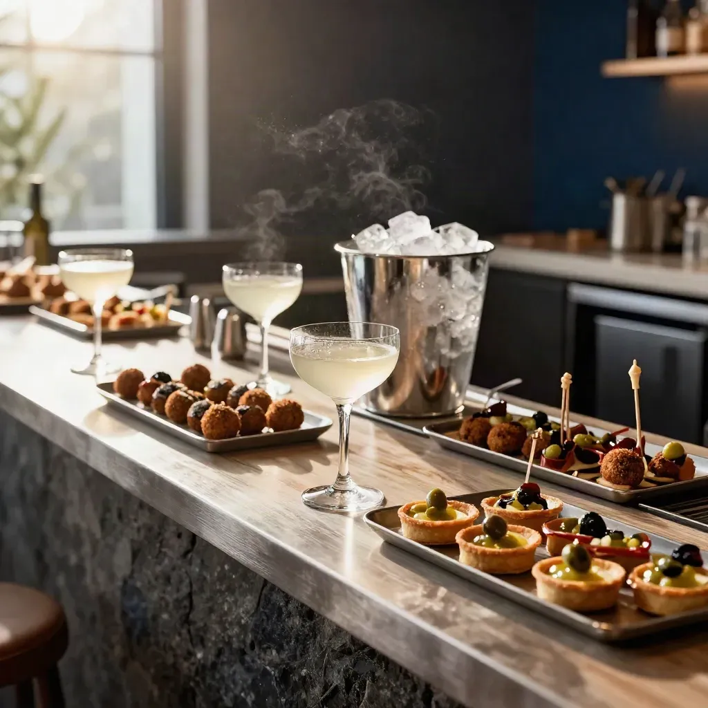 Buffet cocktail di lusso con finger food caldo, calici scintillanti e ghiaccio fumante.