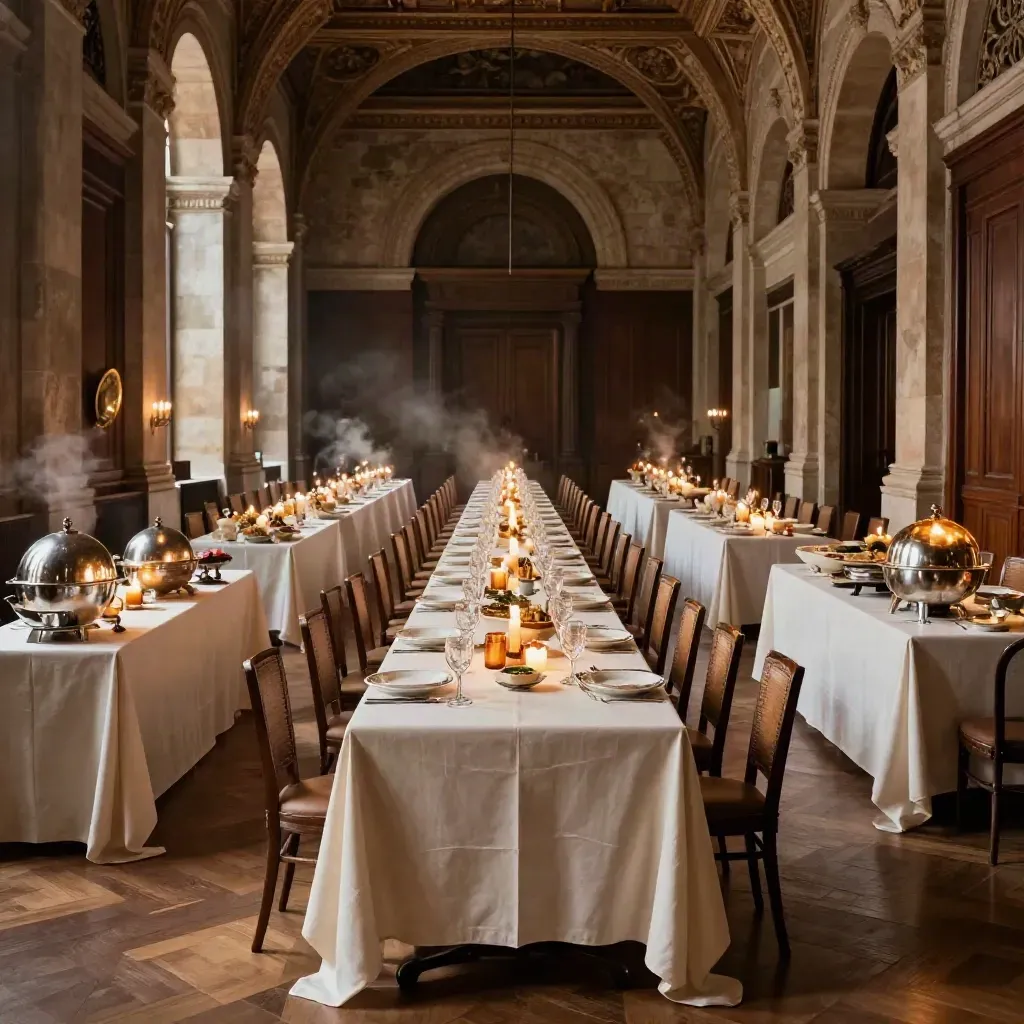 Sala gala a Roma con tavoli apparecchiati, candele e cloches illuminate da luce calda.