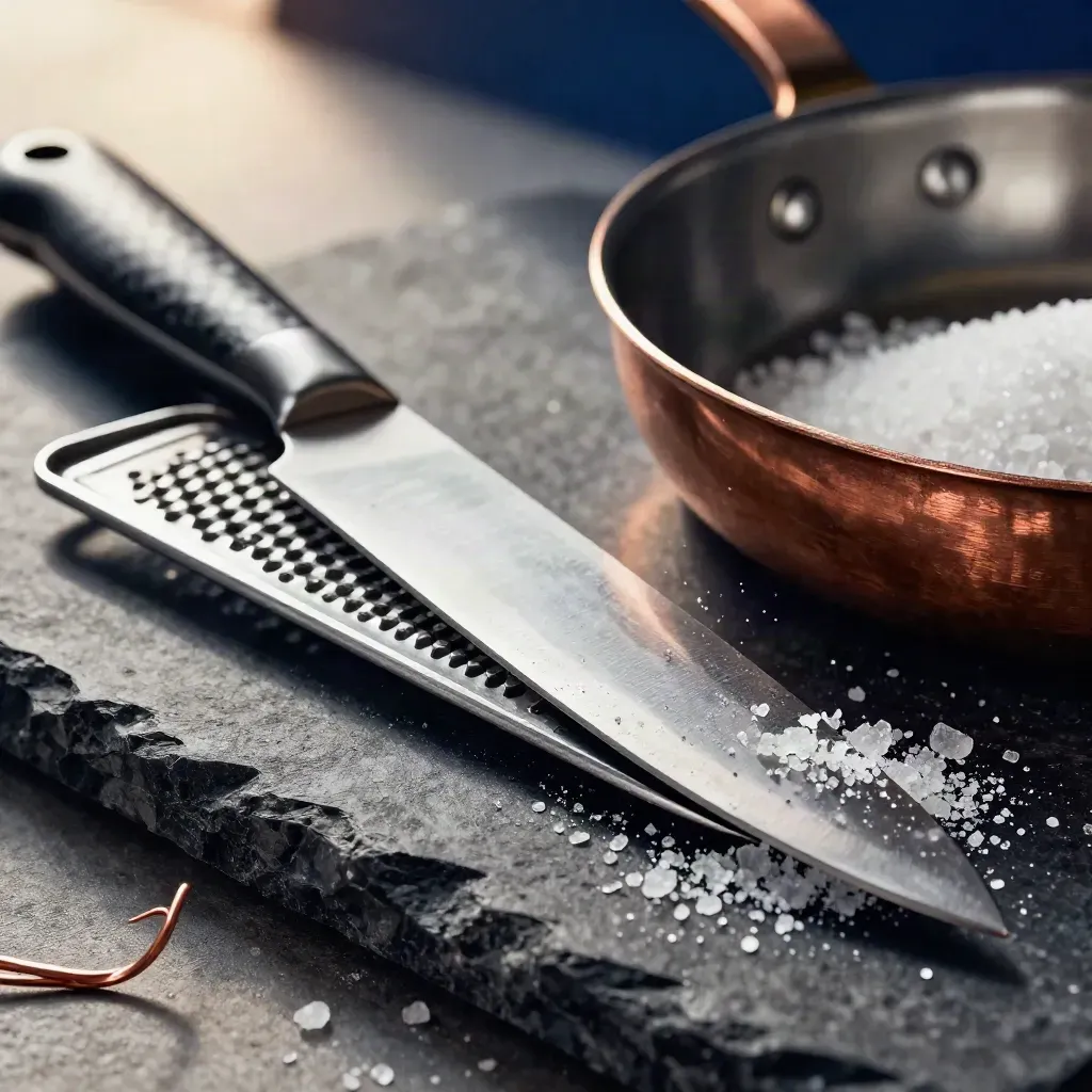 Coltello da chef, microplane, sale marino e casseruola in rame su pietra scura.