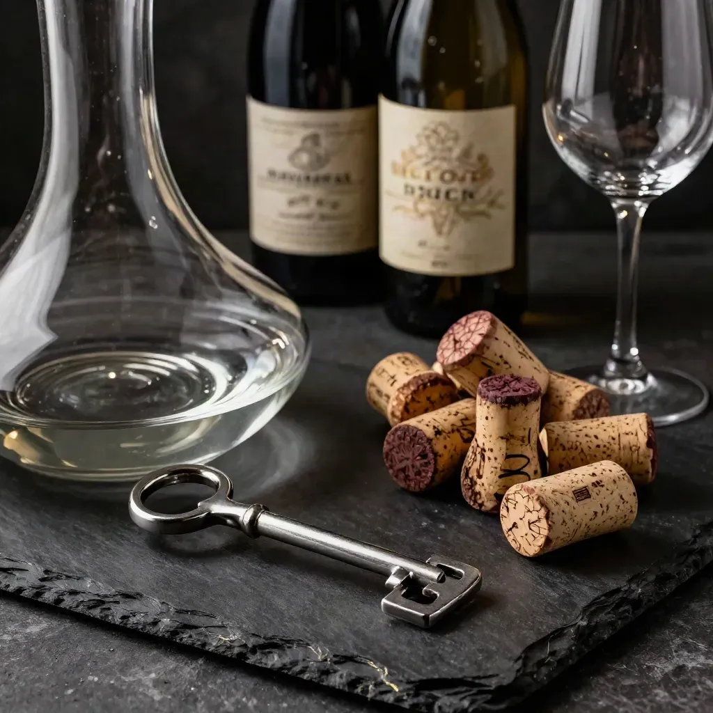 Natura morta di cavatappi, decanter, colli di bottiglia, tappi e calice su ardesia.