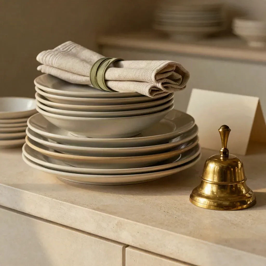 Piatti da portata, coppette bianche, anelli in lino e campanello d’ottone su console chiara.