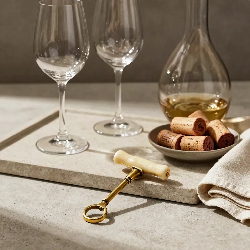 Cavatappi, calici da degustazione e collo di decanter su vassoio in pietra con tappi di sughero.