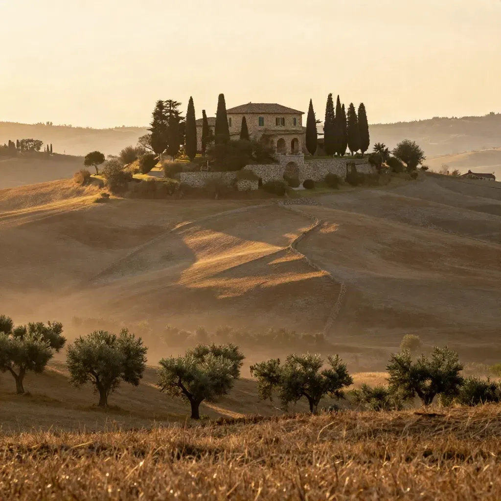 Vista toscana all’alba con villa in pietra, cipressi e campi terrazzati nella foschia dorata.